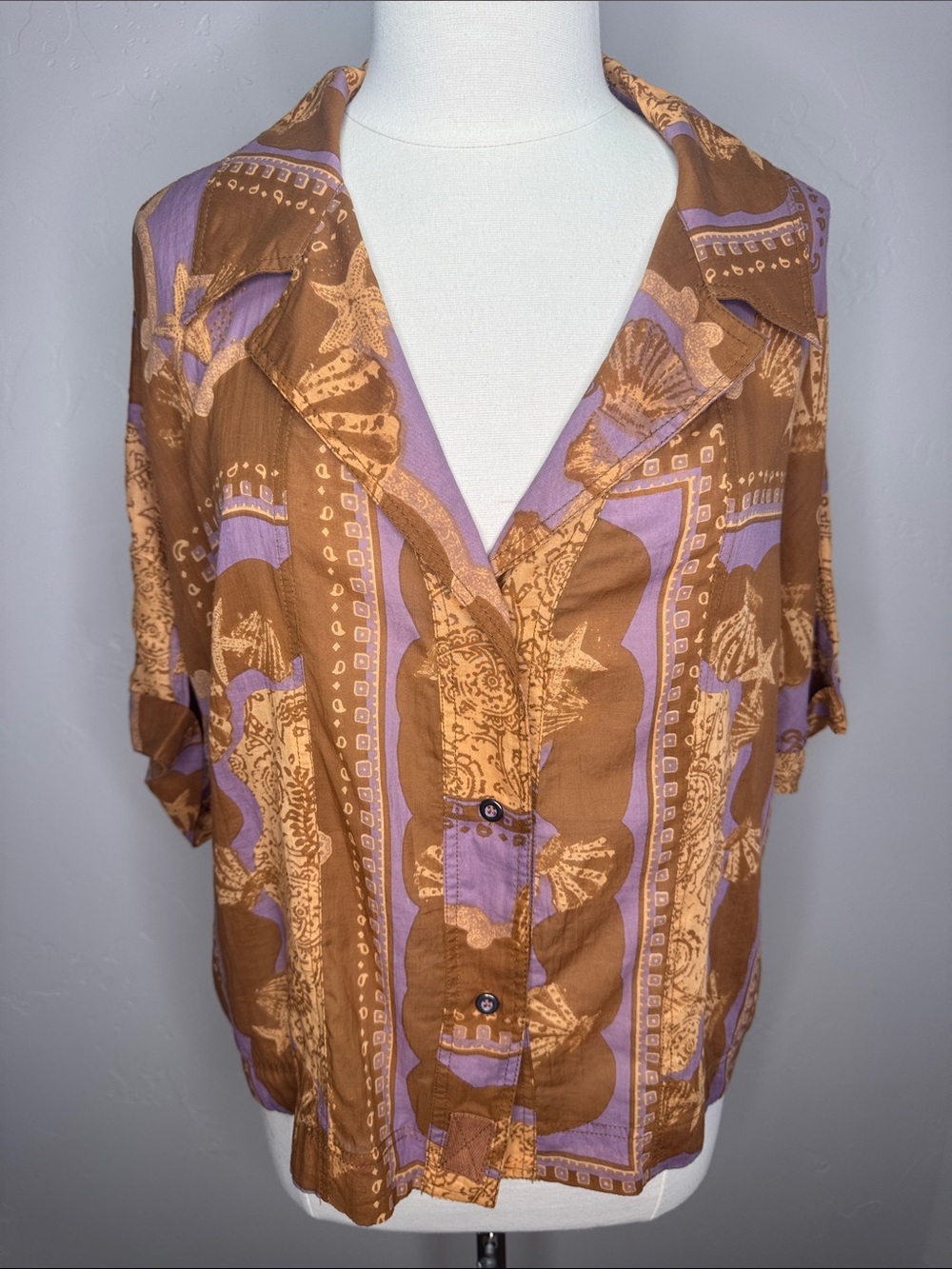 We The Free Brown and Lavender Button-Down Shirt with Seashell Print